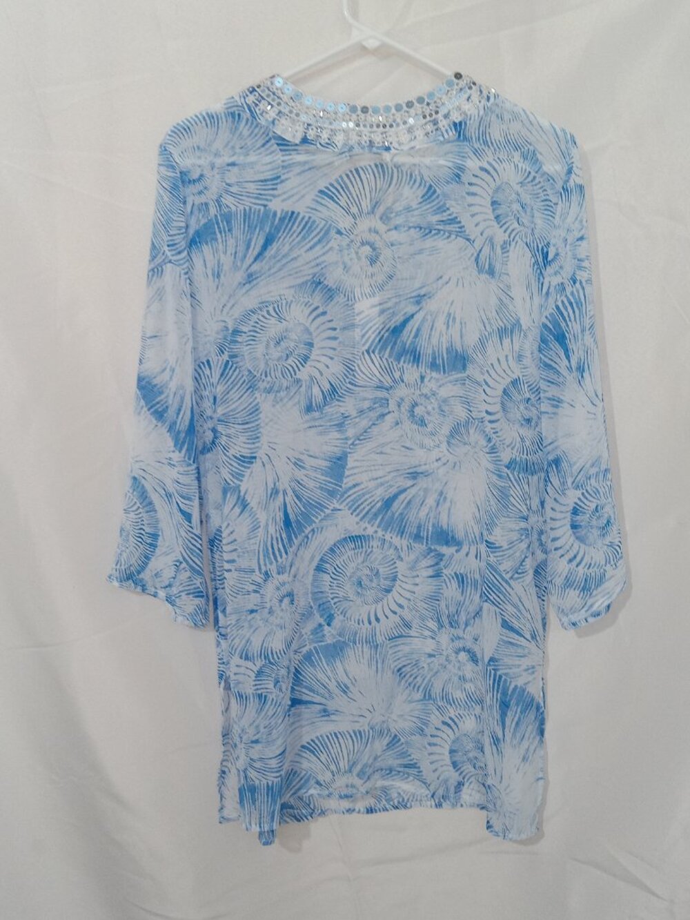 Chico’s Nautilus Swirl Georgette Tunic Top Blue Beaded Kurta 3/4 Sleeve Size L - Picture 6 of 13
